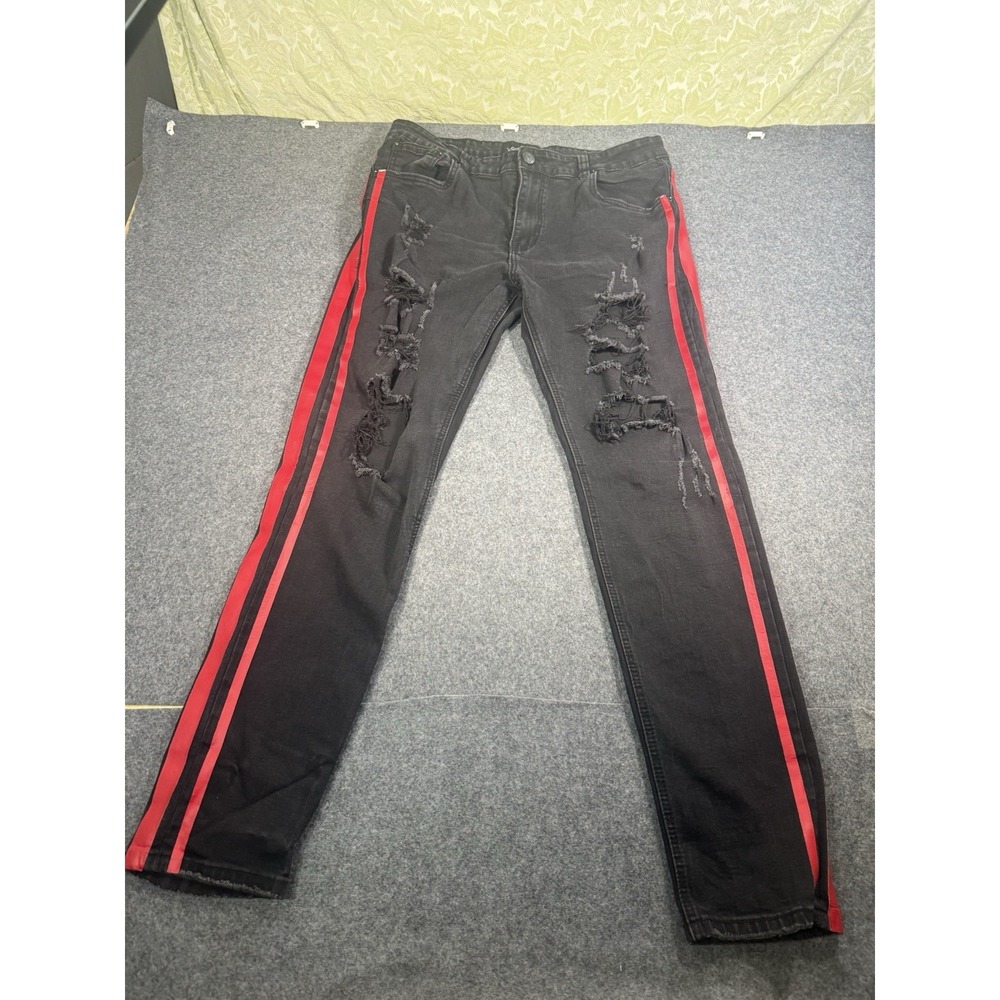 Victorious‎ Black Distressed Skinny Jeans with Red Side Stripe